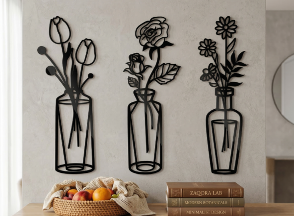 Modern Lale, Gül ve Papatya Duvar Dekoru - 3'lü Set